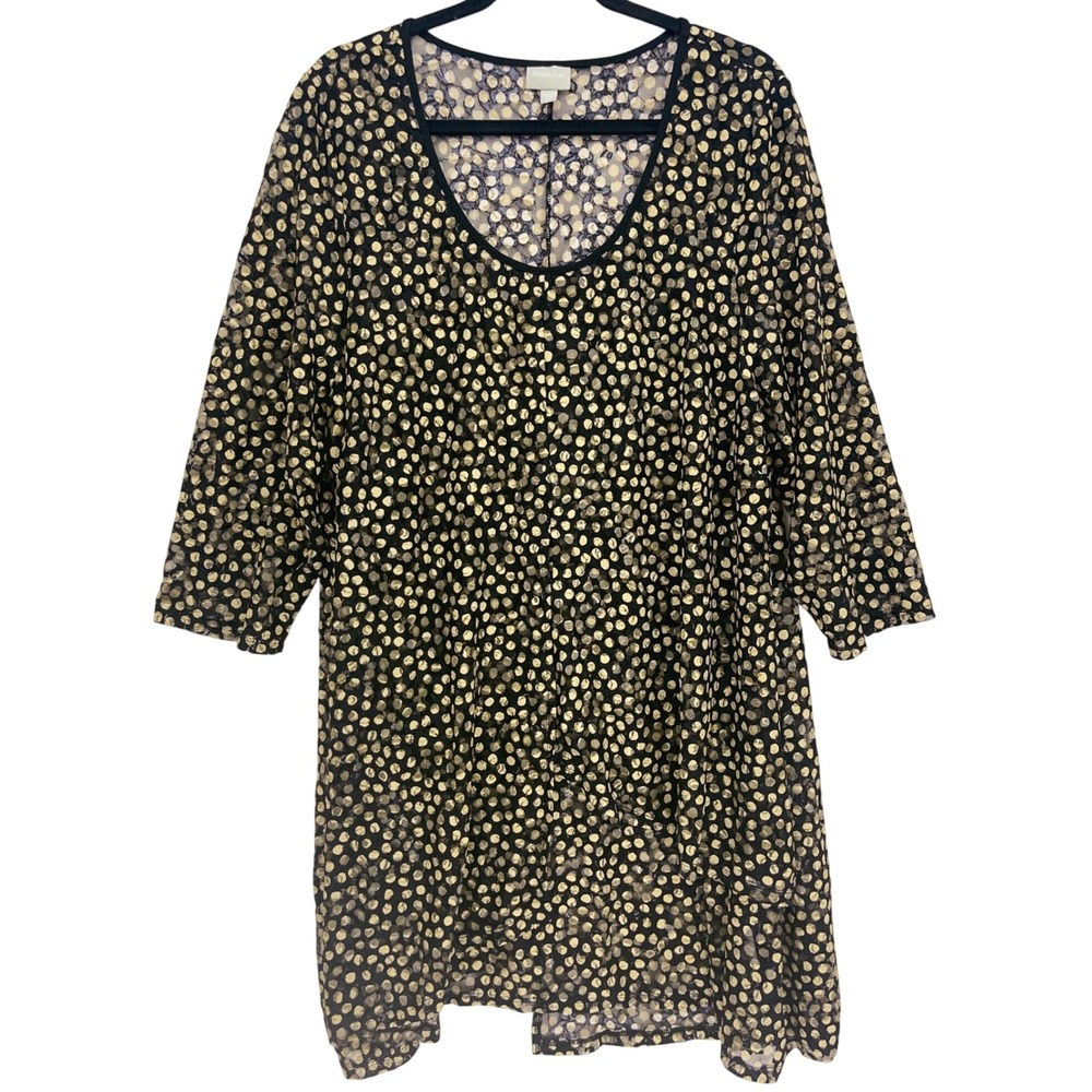 Zim & Zoe Black Gold Yellow Polka Dot Floral Lace Mesh Dress 22/24 Plus Curvy